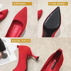 Close-up images of stylish summer high heel pumps for women in red with pointed toe and slip-on design.