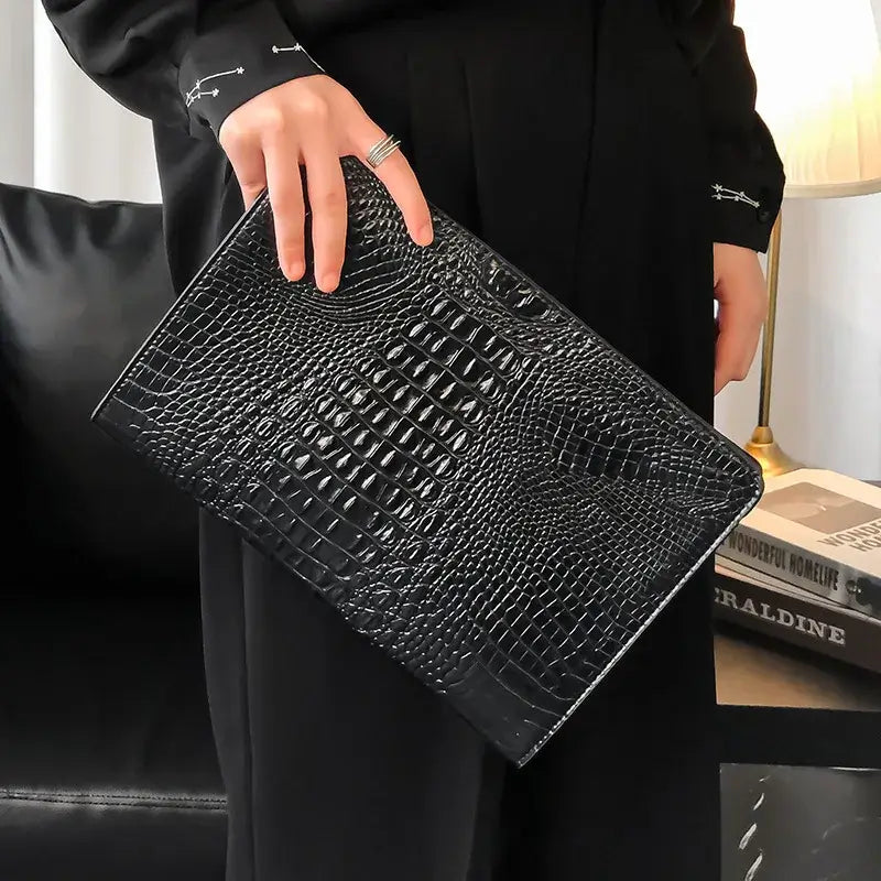 Mens Crocodile Leather Clutch Bag Business Envelope Style