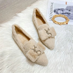 Flats Shoes for Women 2024 New Autumn Pointed Flat Mink Fur Winter Shoes Velvet Women's Loafers Ladies Shoes Plus Size 41 42 43