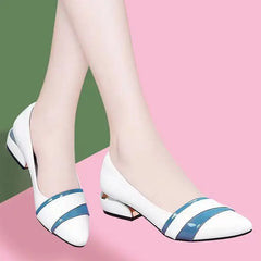 Elegant low heel office pumps for women in white with blue stripes, perfect for casual occasions.
