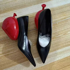 Women's Pumps Pointed Toe Black Leather Upper Red Balloon Shaped Heel Unique Design Fashion Statement Elegant Style Footwear