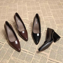 2026 New Spring Women Commuter Pumps Shoes Fashion Pointed Toe Slip On Shoes Elegant Thick Heel Work Leather Shoes