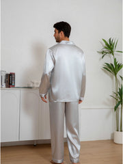 Men's Pajama Set Spring/Summer New Satin Solid Color Casual Button Down Shirt & Elastic Waistband Long Pants Pajamas for Home