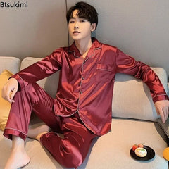 High Quality Men's Casual Pajama Sets Fashion Satin Long Sleeve Lapel Tops and Pants Homewaer Suit Men Comfort Lounge Sleepwear