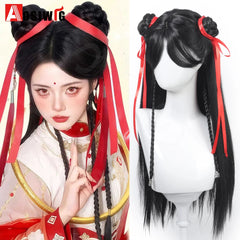 Anime Chinese Movies Cosplay Wig Black Long Straight Hair With Braid Red Ribbon Double Bun styleet Wig Cosplay Halloween Wig
