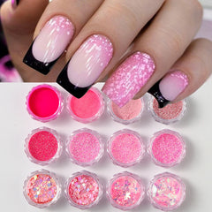 12 Colors Pink Shiny Sugar Nail Glitter Powder Fine Iridescent Flakes Holographic Chrome Nail Pigment Dust Elegant Wedding