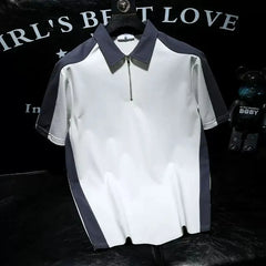 Fashionable Polo Shirt Short-sleeved Men Personality New Pullover T-shirt Casual Contrast Lapel Top