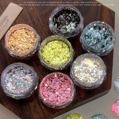 1 Box Iridescent Galaxy Silver Nail Glitter with Irregular Round Sequin & Shell-shaped Ultra-Thin Flakes Flash Nail Art Supplies