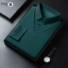 Men's Casual Fashion Long Sleeve Solid Color Polo Shirt 2025 Business Versatile Top All Season Fake Two-Piece