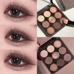 9-Color Eyeshadow Palette Earth Tones Brown Shimmer Matte Finishes Long-Lasting Pearl Dust for Daily Korean Makeup Look