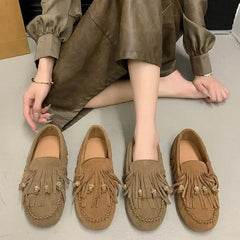 Flats Luxury Summer All-match Flat Bean Shoes Slip-on Lazy Women's Shoes Soft Soles Shallow Mouth Retro Tassel Women's Shoes