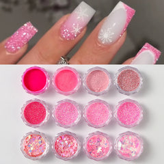 12 Colors Pink Shiny Sugar Nail Glitter Powder Fine Iridescent Flakes Holographic Chrome Nail Pigment Dust Elegant Wedding