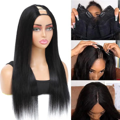 V Part Wigs Human Hair 100% Straight Human Hair Wigs No Leave Out Machine Made 250 Density Natural Black Beginner Friendly