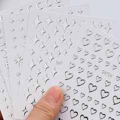 6 Sheets Metal Silver Nail Stickers Metallic 3D Star Nail Art Stickers Decals Self-Adhesive Nail Art Stickers Metal Chain Heart
