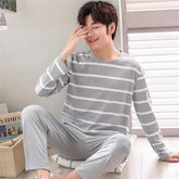 2 Sets of Men Pajamas Set of Long-Sleeved Long Trousers Students Sleepwear Homewear Cartoon O-Neck Striped Nightwear Loungewear