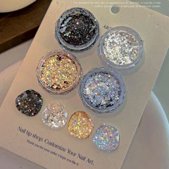 1 Box Iridescent Galaxy Silver Nail Glitter with Irregular Round Sequin & Shell-shaped Ultra-Thin Flakes Flash Nail Art Supplies