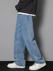 New Korean Men's Casual Long Jeans Classic Man Straight Denim Wide-leg Pants Solid Color Light Blue Grey Black