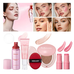 Pink Makeup Set Primer Setting Spray Include Air Cushion Foundation Base MakeupLipstick 5pcs/set Blush Hold Cosmetics Kit