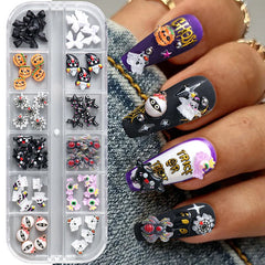 Set of 12 Halloween-Inspired Nail Art Decorations with Charming Bat, Spider and Pumpkin Artwork