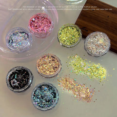 1 Box Iridescent Galaxy Silver Nail Glitter with Irregular Round Sequin & Shell-shaped Ultra-Thin Flakes Flash Nail Art Supplies