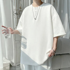 Men's V-Neck Waffle Texture Loose-Fit Short Sleeve T-Shirt - Breathable Casual Top, Soft Comfortable Fabric, Relaxed Fit Summer