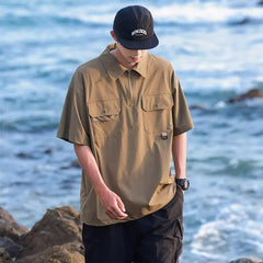 Semi-zipper Tooling Short-sleeved Shirt for Men and Women Summer New Japanese Retro Trendy Brand Polo