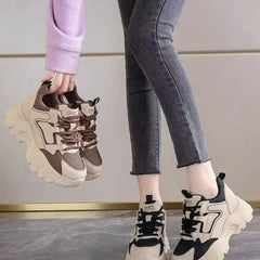Women's Spring Sneakers with Thick Bottom and Leather Face High Inner Heel Shoes Comfortable for Sports and Casual Wear