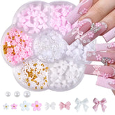 1Box 3D Bowknot Flower Nail Art Decorations with Steel Beads& Imitation Pearls Ribbon Nail Charms Y2K Bow Manicure Accessories *
