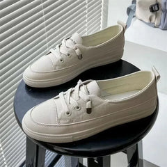Women Sneakers Vulcanize Shoes Spring Breathable Flats Solid Color Leather Pu Flat Shoes Young Woman Casual White Nurse Shoes