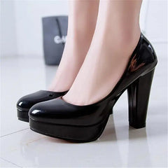 women's pointed toe high heel pumps in glossy black with square heels, perfect for weddings and formal occasions.
