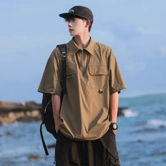 Semi-zipper Tooling Short-sleeved Shirt for Men and Women Summer New Japanese Retro Trendy Brand Polo