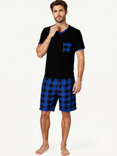 Mens Pajama Sets Short Sleeve Plaid Pajamas for Men Pjs Set Soft Lounge Sleepwear Pj Pants with Pockets Drawstring Shorts Shirts