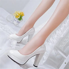 women's pointed toe high heel pumps in shiny white with square heels, perfect for formal occasions.