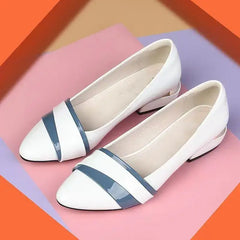 Elegant low heel office pumps for women in white with blue striping, featuring a pointed toe and square heel.