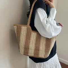 Tote Bag with Natural Two-Tone Straw Woven Finish & Braided Handle, Stylish & Breathable for Everyday Casual Activities & Work