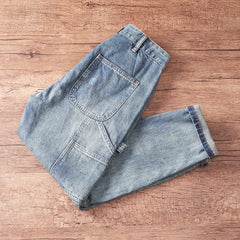 Spring Autumn American Vintage Causal Denim Jeans for Men Workwear 100% Cotton Old Washed Tapered Straight Harem Cargo Pants
