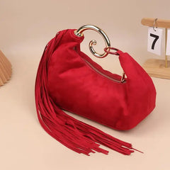 Trendy Vintage Evening Bags for Women, French Luxury Faux Suede Tassel Handbags with Durable Metal Handle
