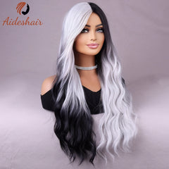 Synthetic wig european and American fake hair network celebrity women's double black and white long roll corn hot in the water