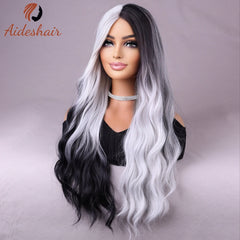 Synthetic wig european and American fake hair network celebrity women's double black and white long roll corn hot in the water