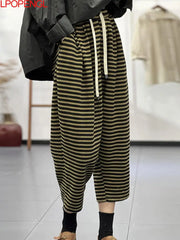 Harem Pants' New Women's Spring Autumn Literature Korean Edition Striped Personality Elasticated Waist Pants Loose
