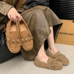 Flats Luxury Summer All-match Flat Bean Shoes Slip-on Lazy Women's Shoes Soft Soles Shallow Mouth Retro Tassel Women's Shoes