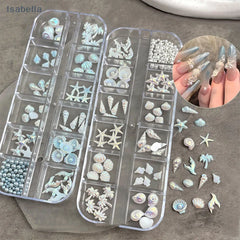💕12 Grids/Box 3D Starfish And Shell Nail Art Decorations, Aurora Seashell And Palm Tree DIY Nail Rhinestone Accessories