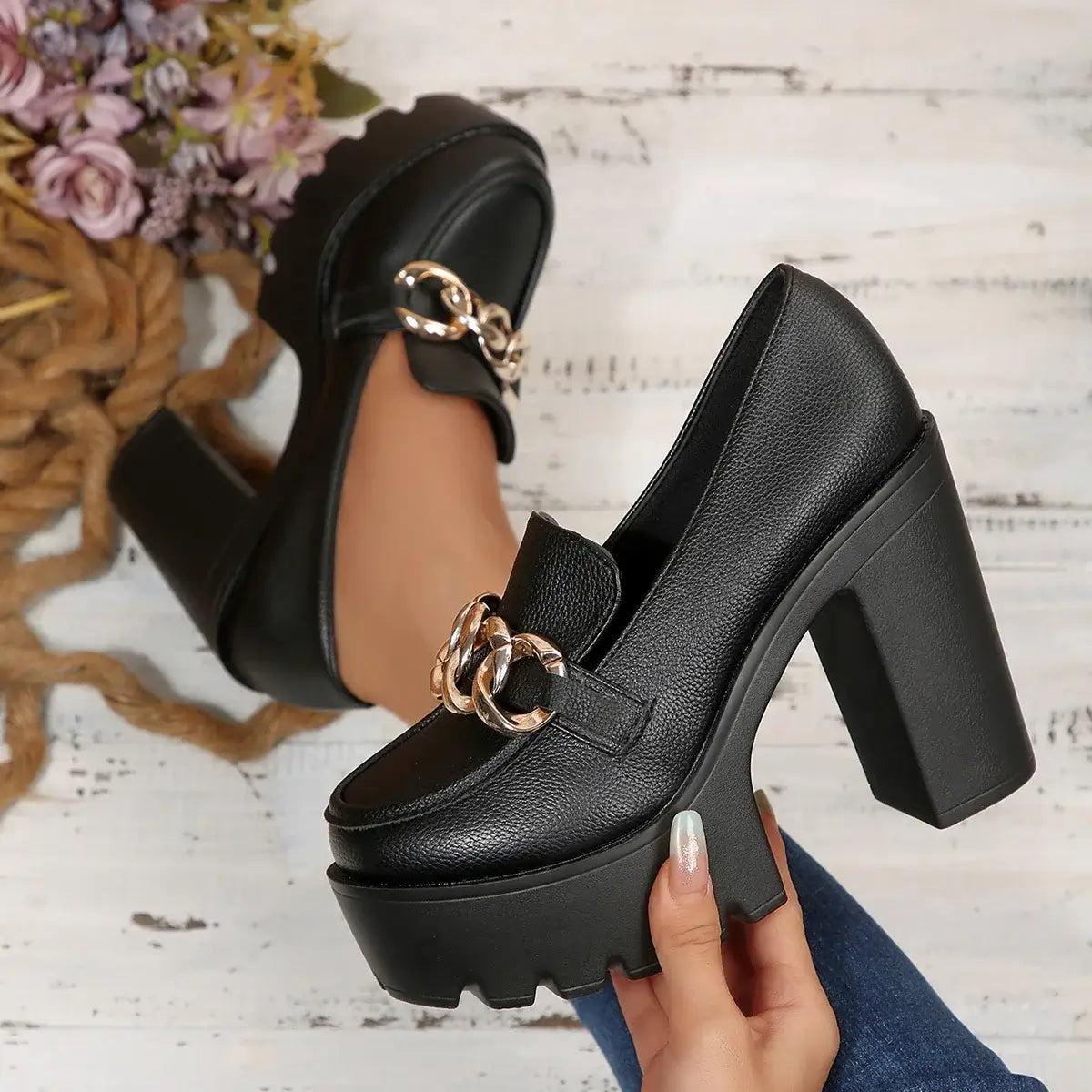 Womens Chunky Heel Platform Pumps Party Style Shoes