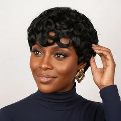 Short Curly Human Hair Wigs Pixie Cut Wig with Bangs for Women 100% Brazilian Human Hair Machine Made Pre Plucked Ready to Wear