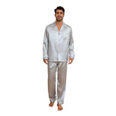 Men's Pajama Set Spring/Summer New Satin Solid Color Casual Button Down Shirt & Elastic Waistband Long Pants Pajamas for Home