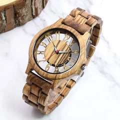 Mens Wooden Watch Handmade Engraved Quartz Timepiece