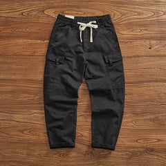 Cargo pants men's new fashion functional pocket pure cotton wash trend pants loose small straight cone cone pants men