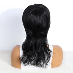 Human Hair Mullet Wig With Bangs Dovetail Natural Black Pixie Cut Full Machine Made Wigs