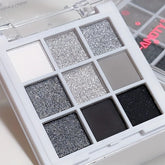 9 Colors Eyeshadow Palette, Dark Black Grey Silvery Color Shimmer Matte Glitter Finish Smokey Style