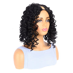 Wig, Lady V-shaped Hollow Black Short Curly Hair Hand-twisted Small Curls Synthetic Fiber Hair Cap